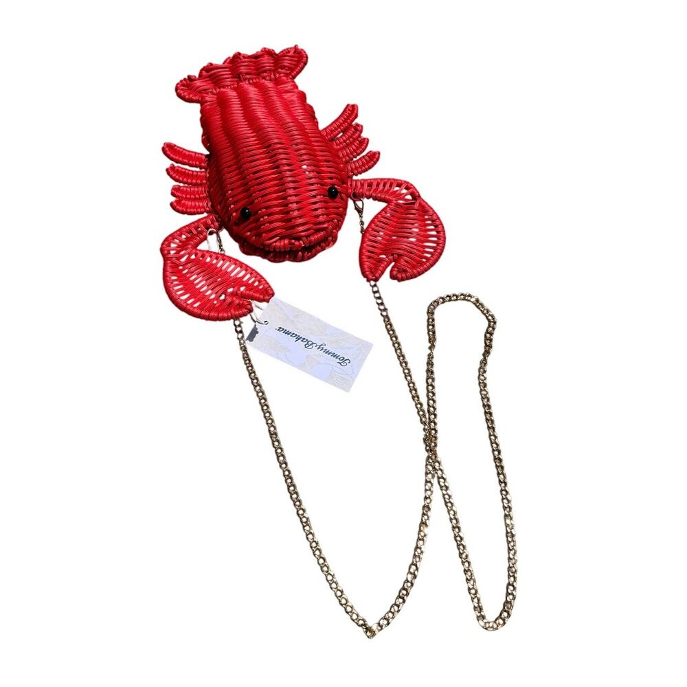 Tommy Bahama Red Woven Straw Wicker Lobster Bag Gold Chain Crossbody Clutch NWT - Picture 2 of 5